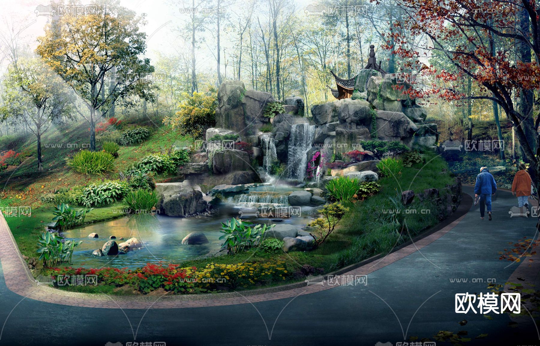 现代公园假山石流水psd下载