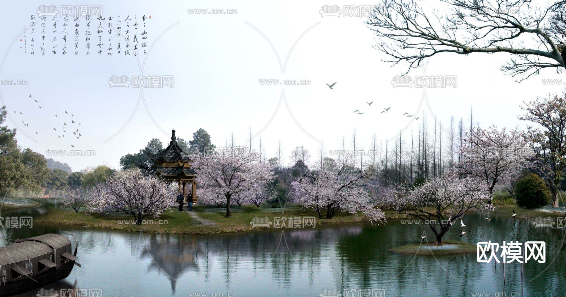 中式河道船只凉亭桃花树psd下载