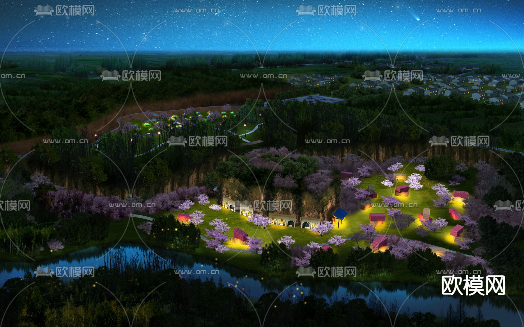 现代公园园林鸟瞰夜景psd下载_ID12162651_3dmax免费模型-欧模网
