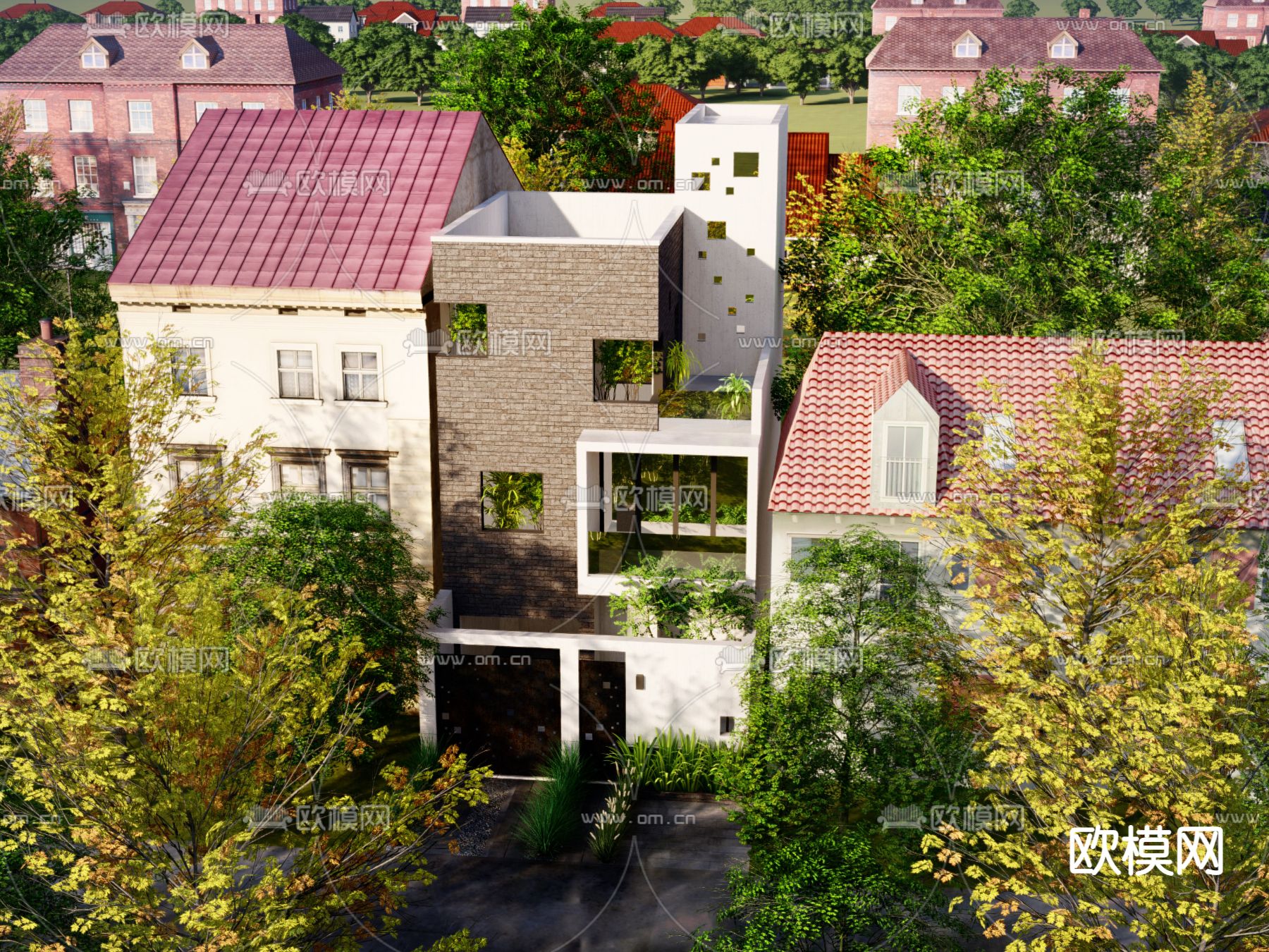 现代独栋别墅外观su模型下载（渲染图1）