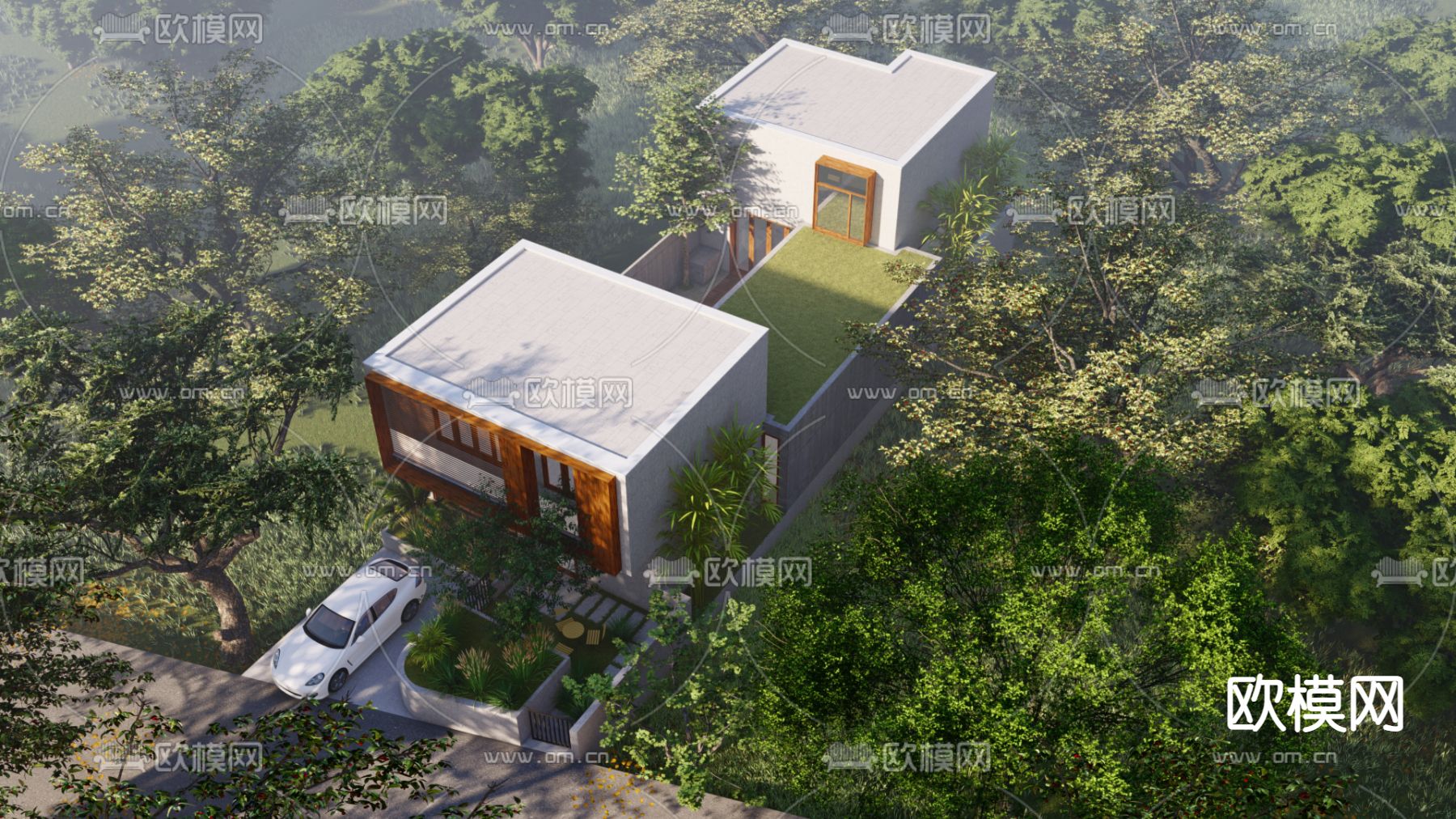 现代独栋别墅外观su模型下载（渲染图2）