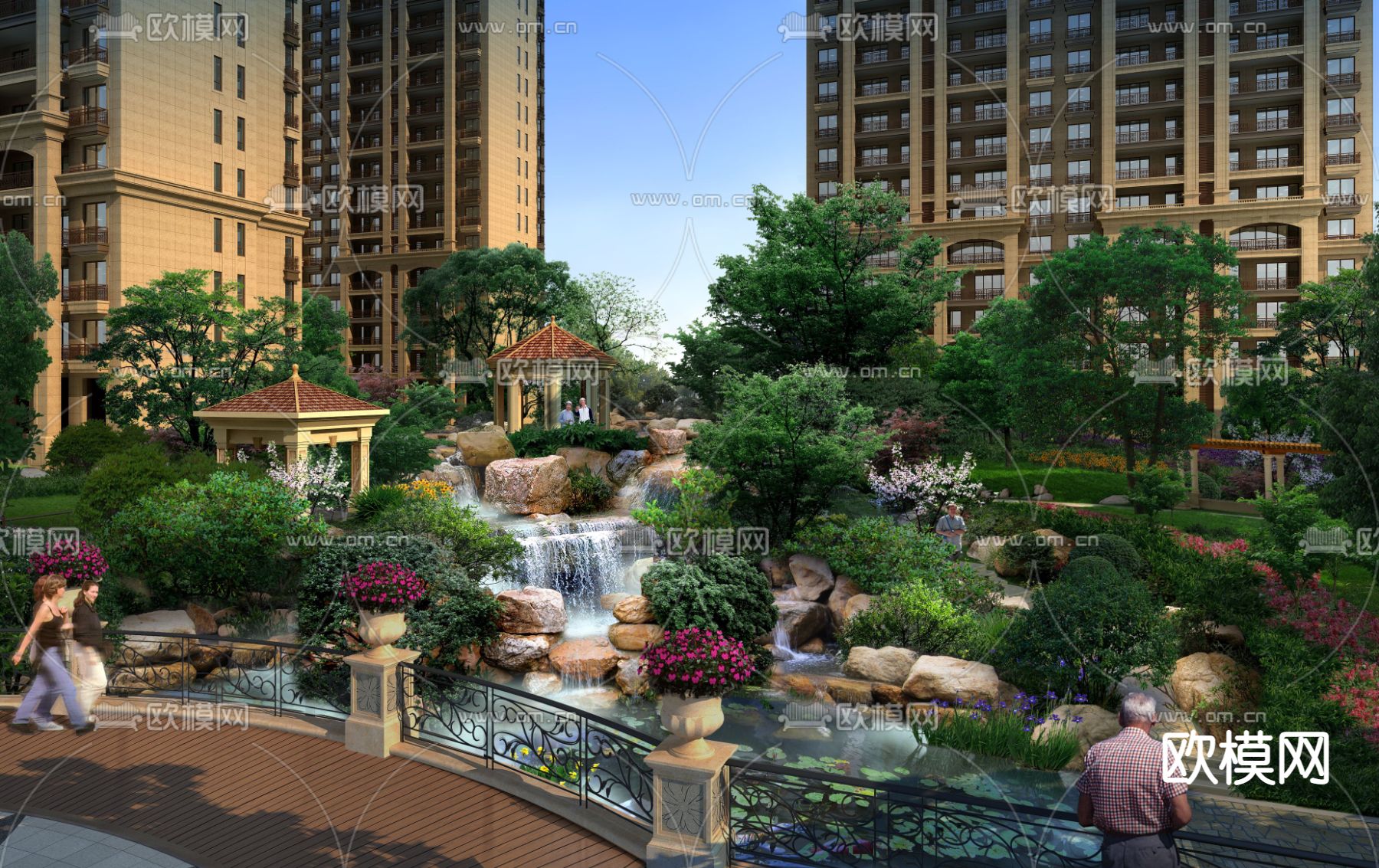 现代公园假石流水景观psd下载