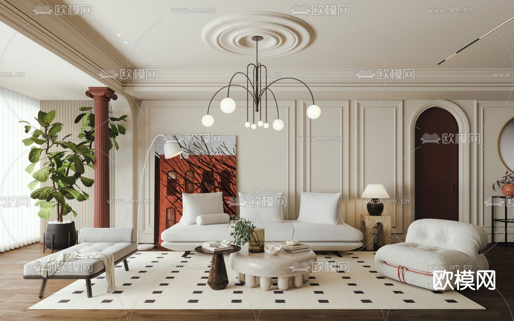 法式客厅su模型下载（渲染图1）