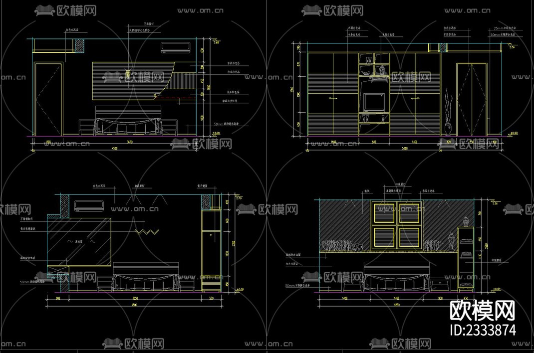 卧室立面装修方案cad施工图-免费3dmax模型库-欧模网