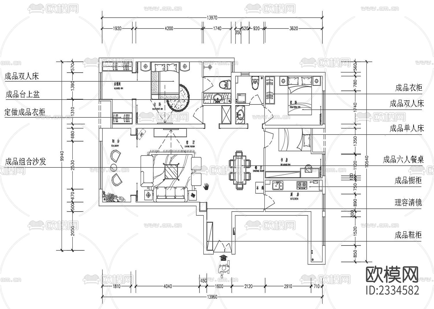 小户型家装CAD施工图下载（渲染图1）