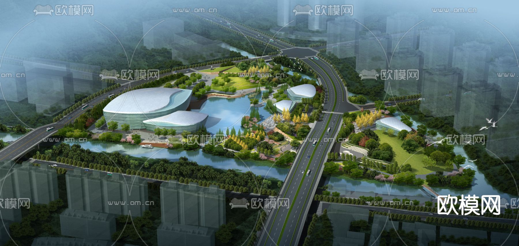 现代公路桥梁公园鸟瞰psd下载