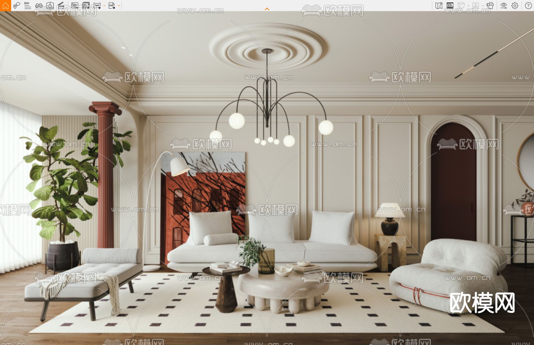法式客厅su模型下载（渲染图3）