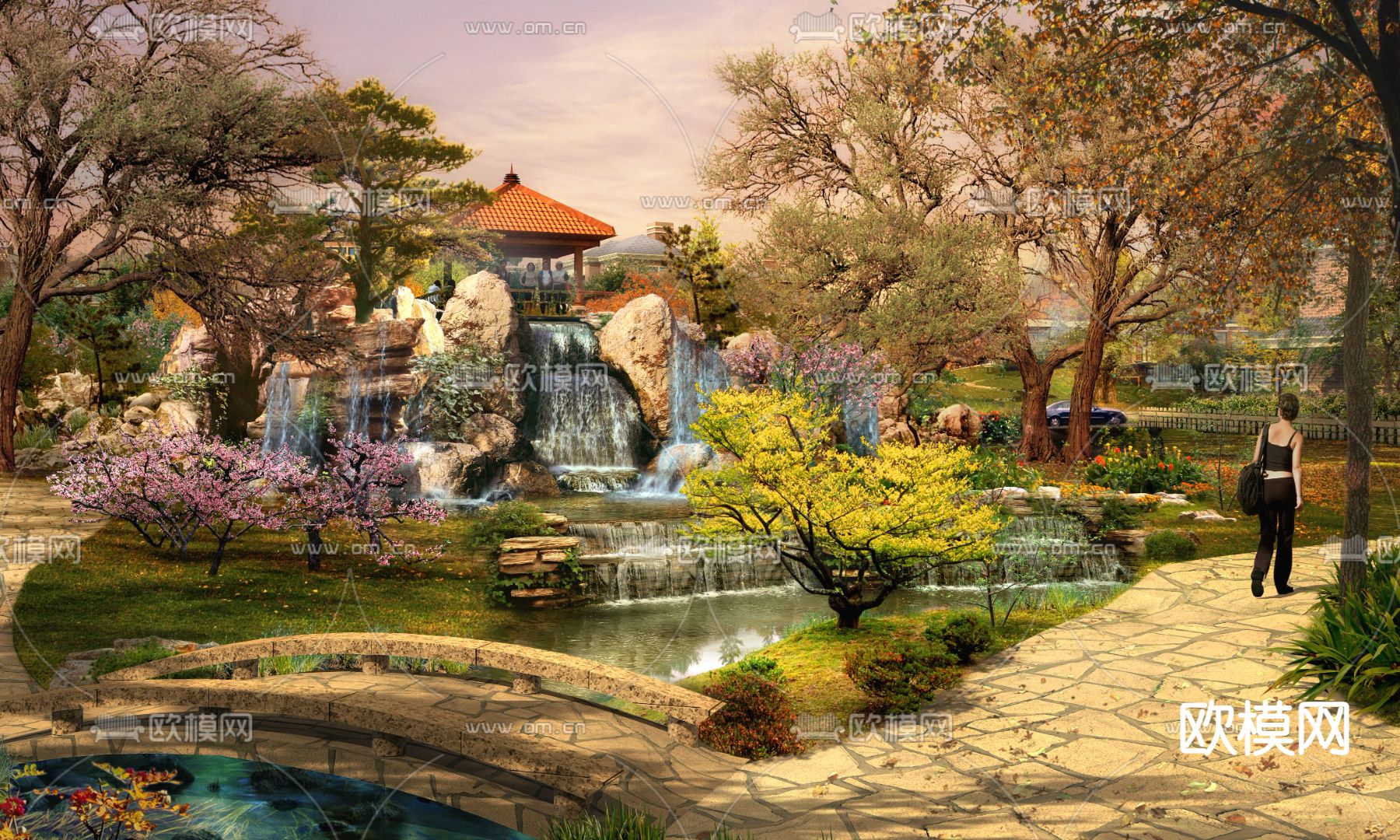 现代公园假山石流水psd下载