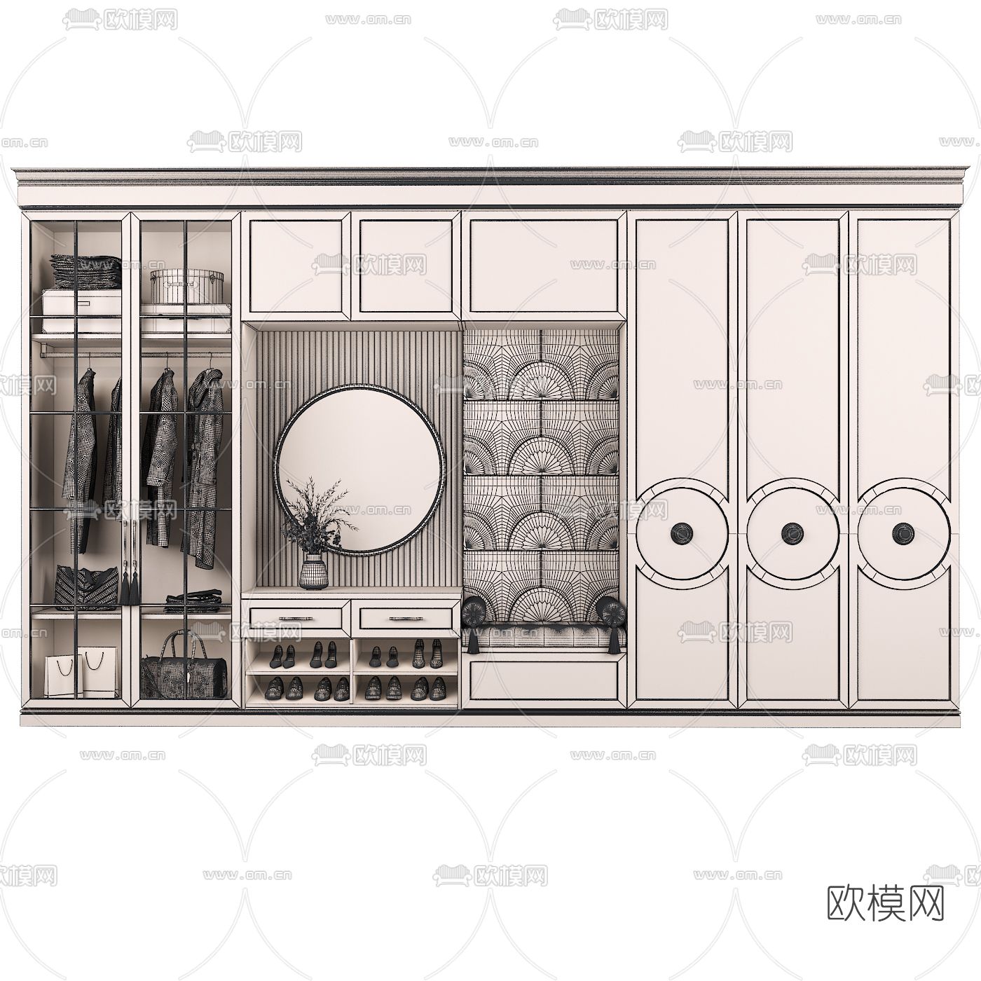 简欧一体式衣柜 鞋柜3d模型下载（渲染图2）