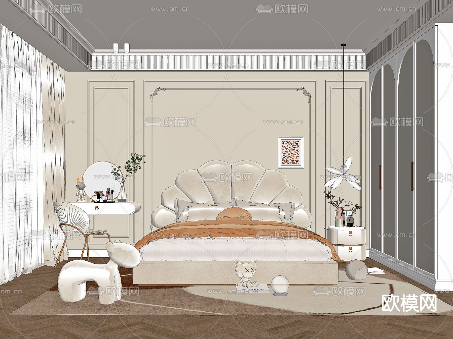 简欧卧室su模型下载（渲染图2）