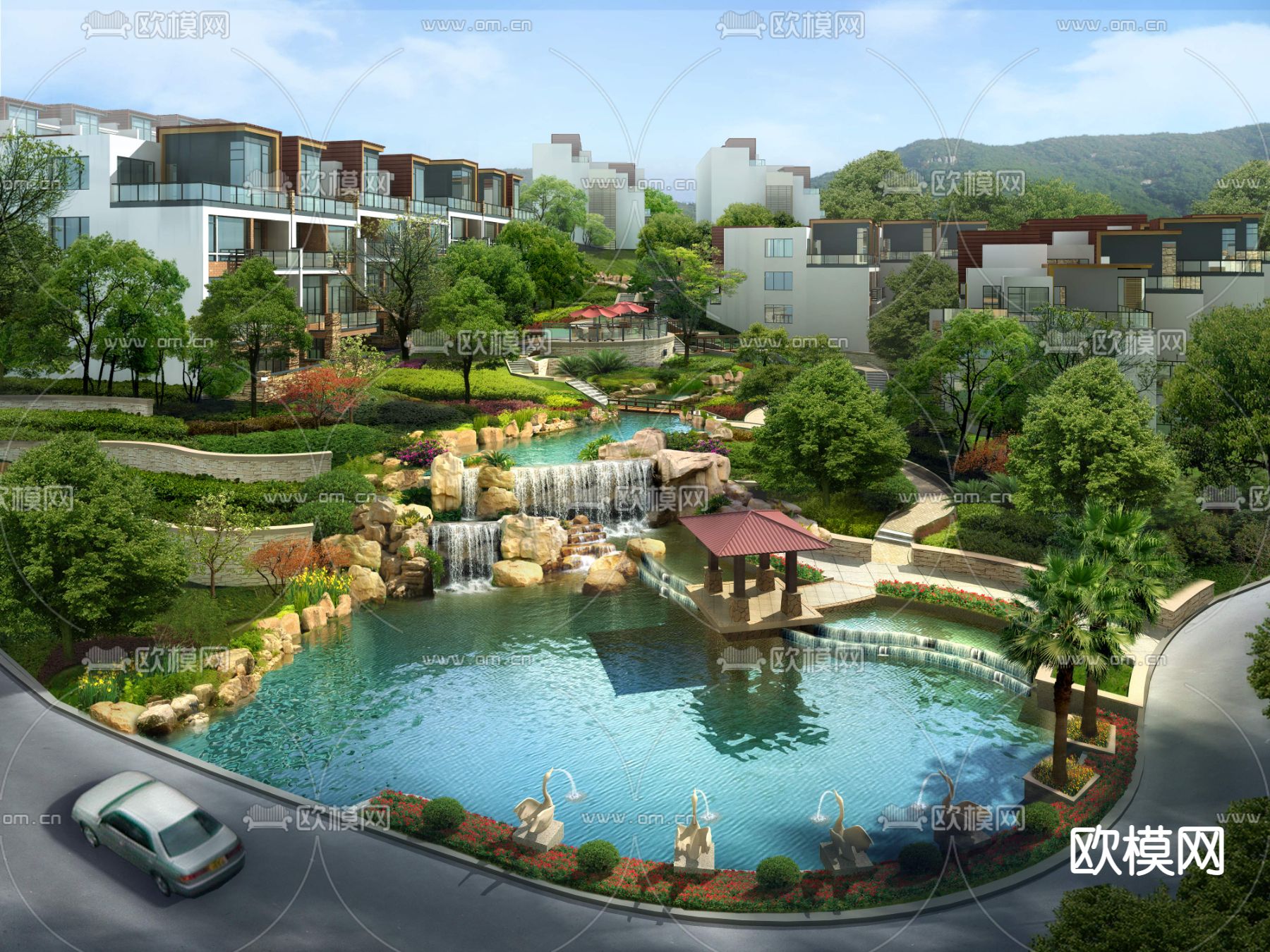 现代公园假山石流水鸟瞰psd下载