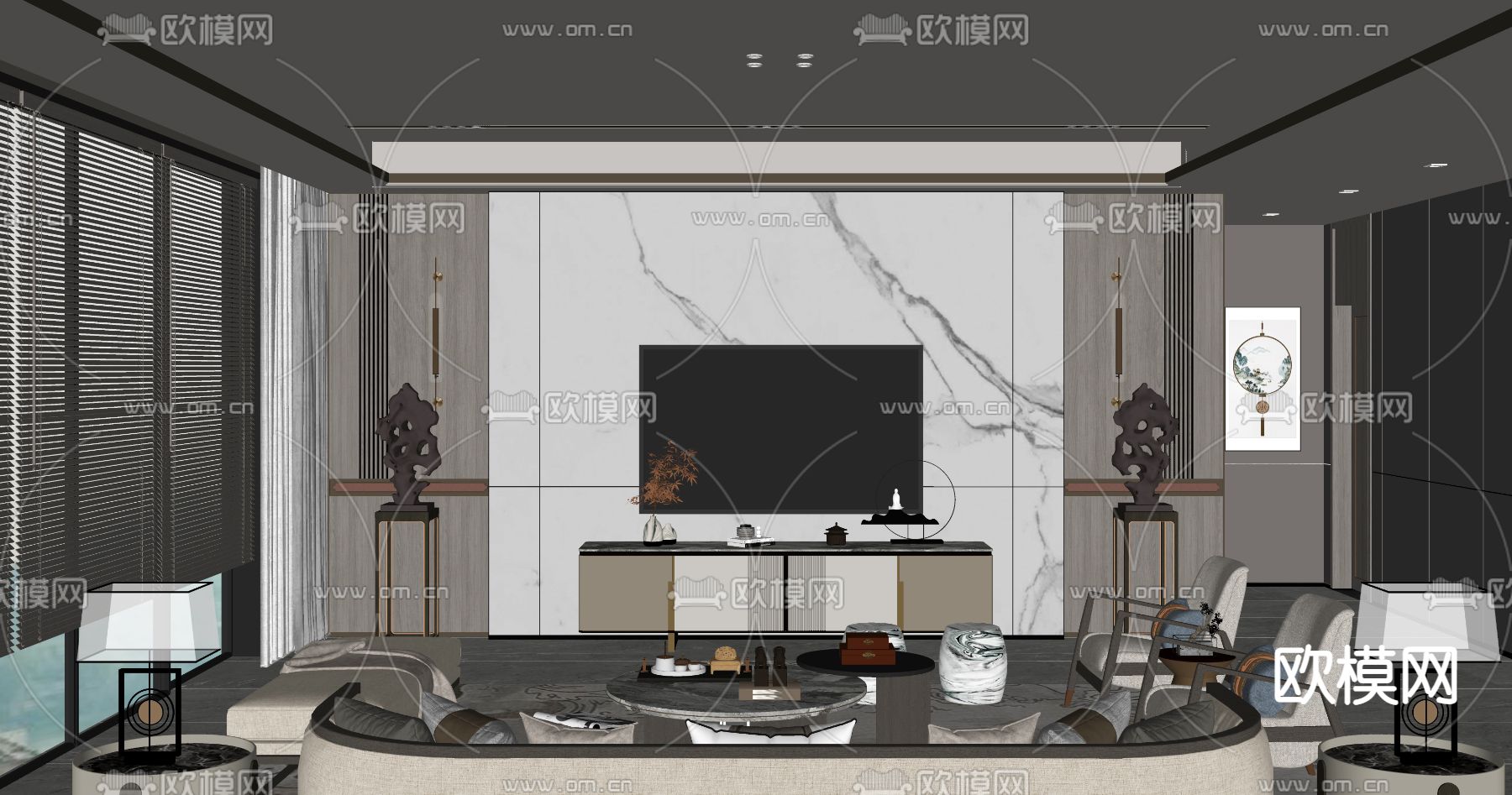 新中式客厅su模型