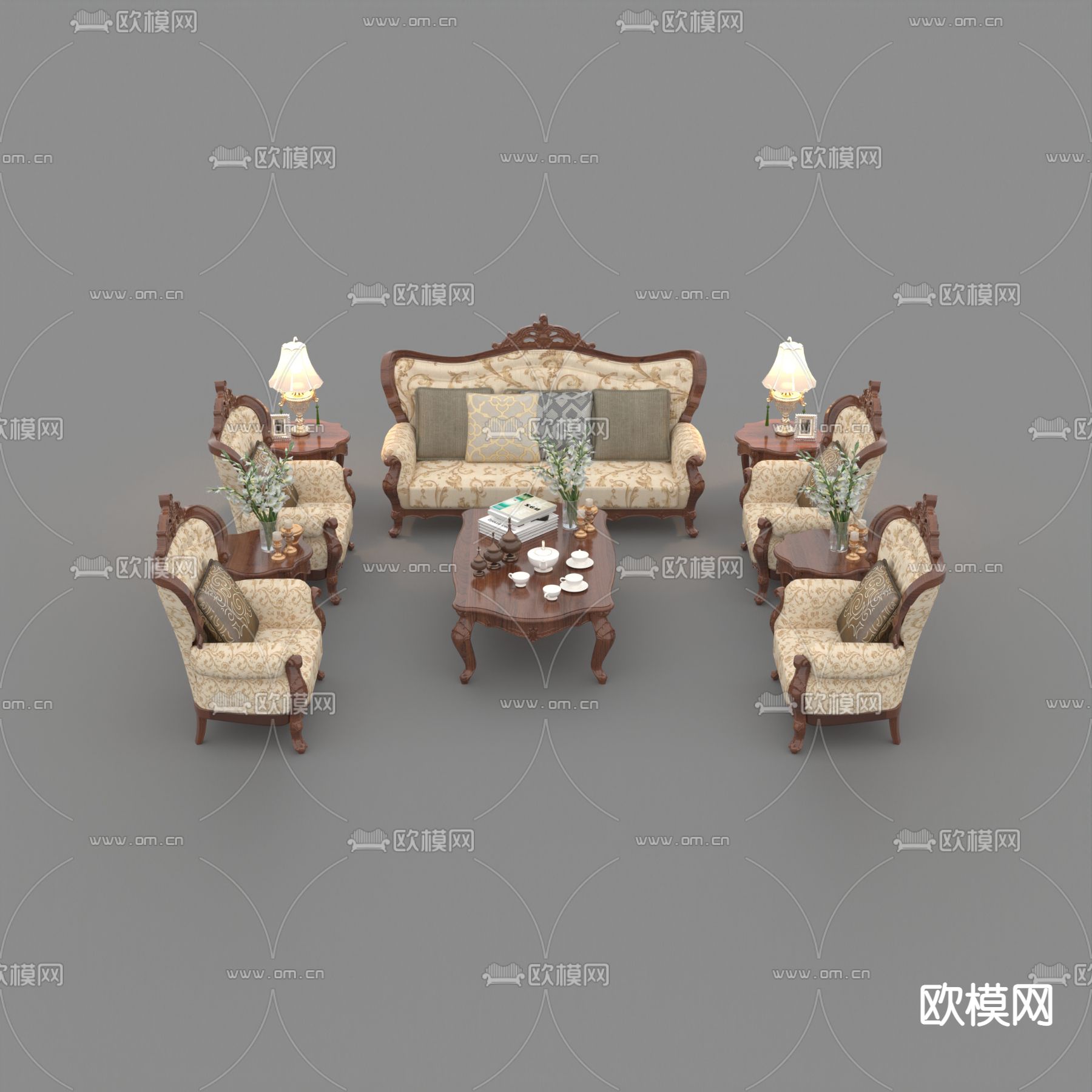 欧式古典实木布艺沙发组合免费3d模型下载