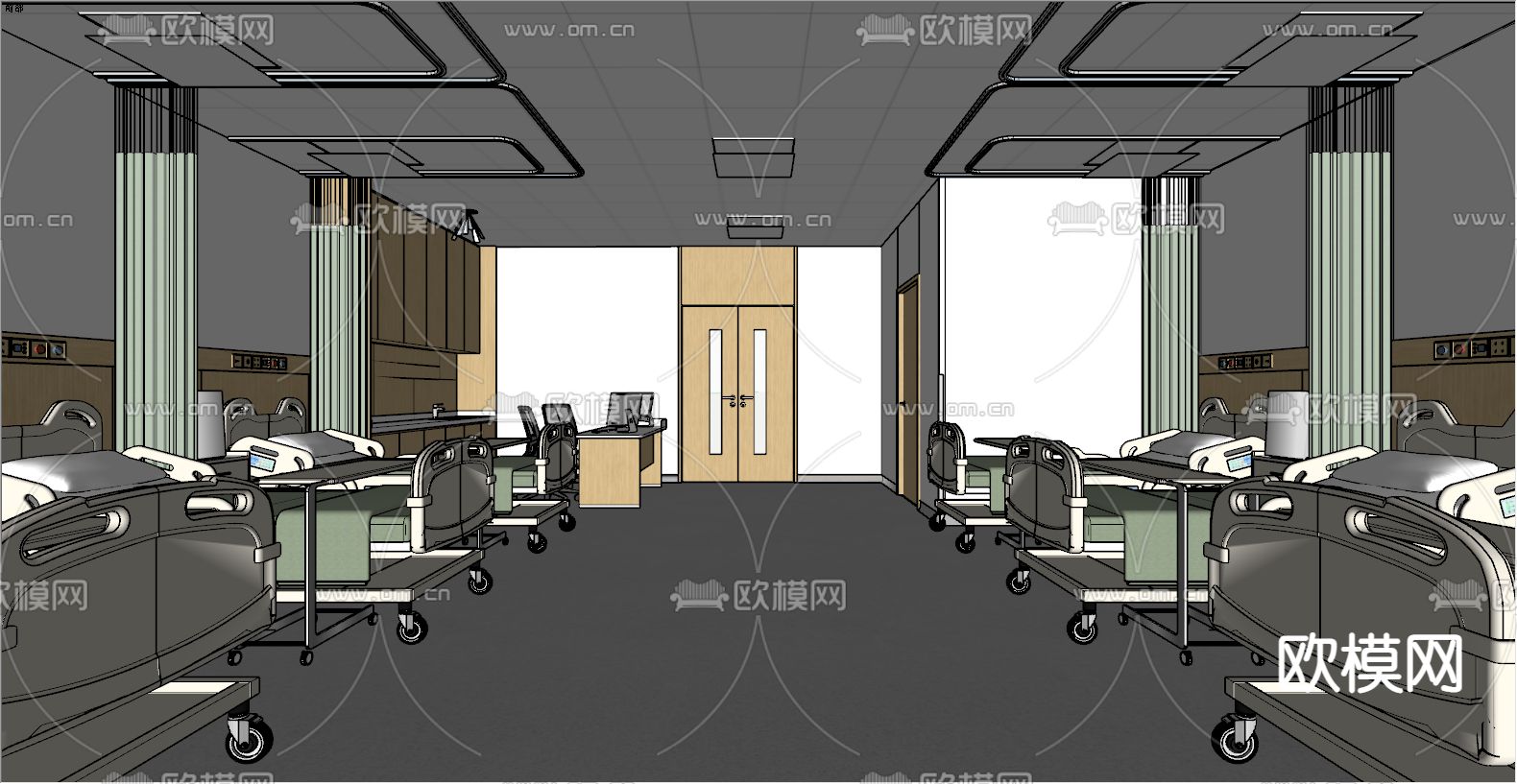 现代病房六人间su模型下载（渲染图2）