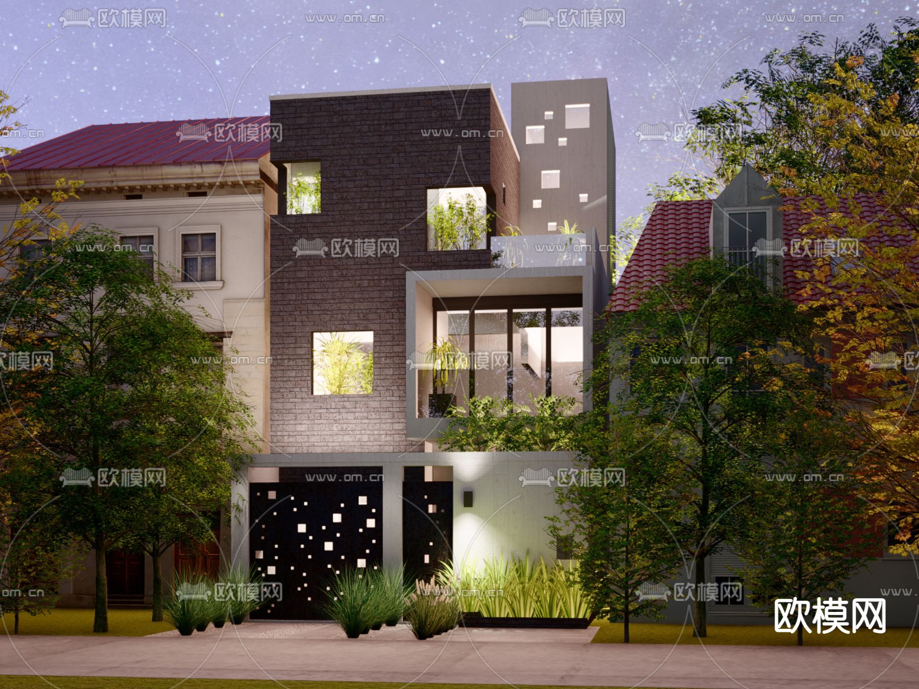 现代独栋别墅外观su模型下载（渲染图2）