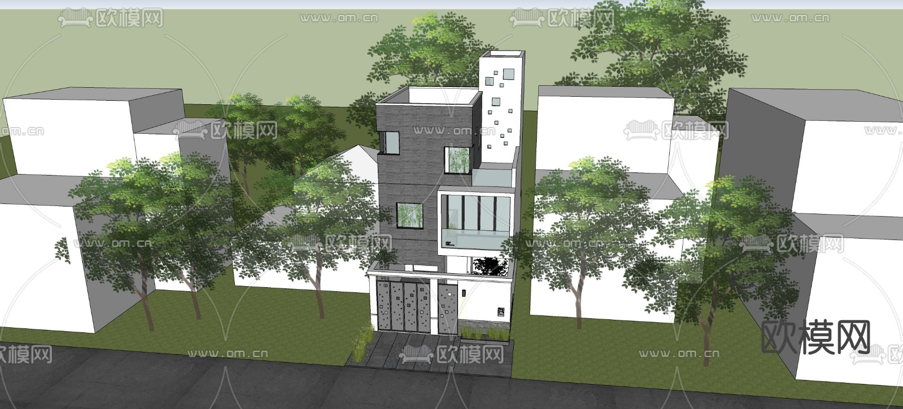现代独栋别墅外观su模型下载（渲染图4）