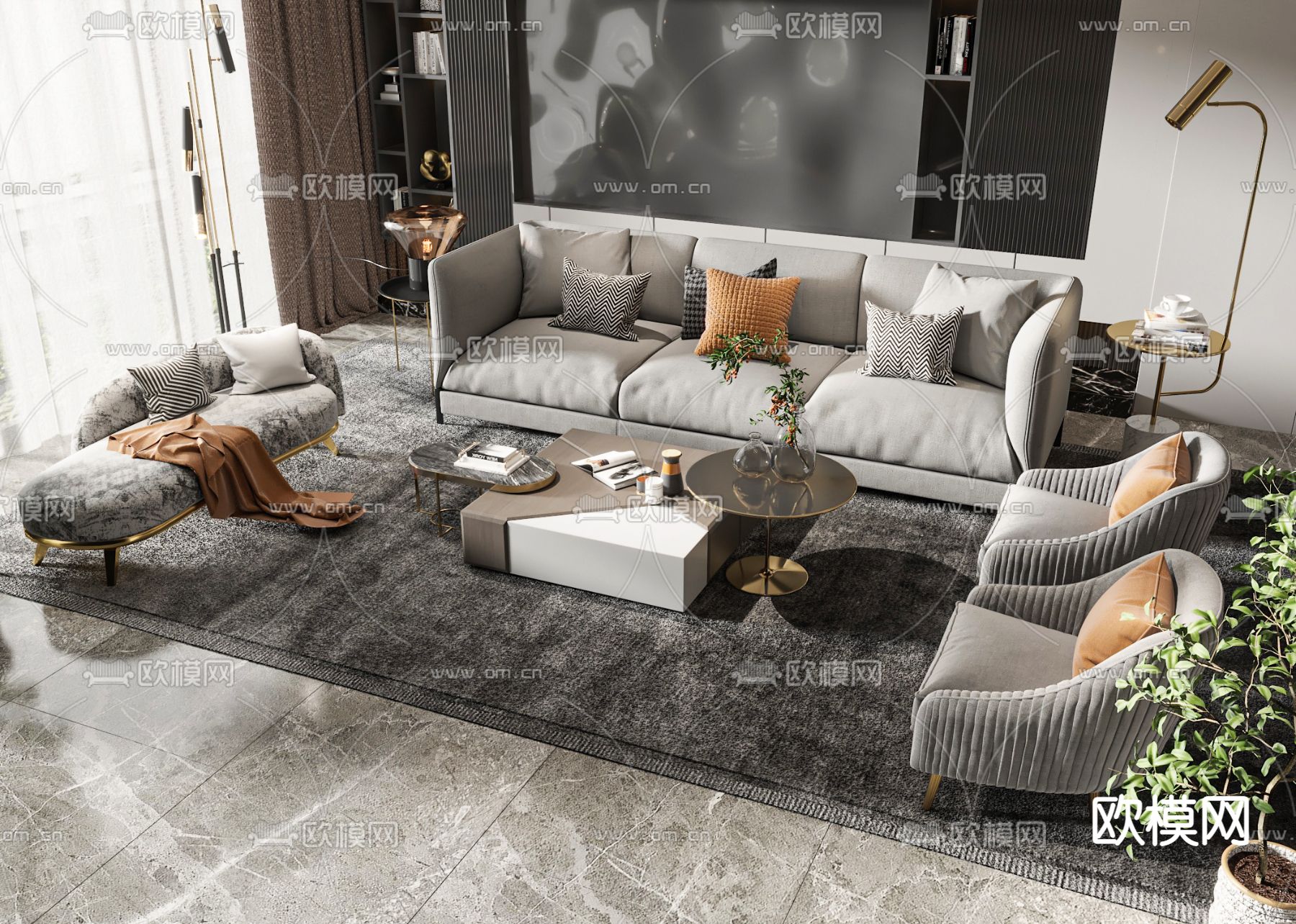 高级灰组合沙发3d模型下载