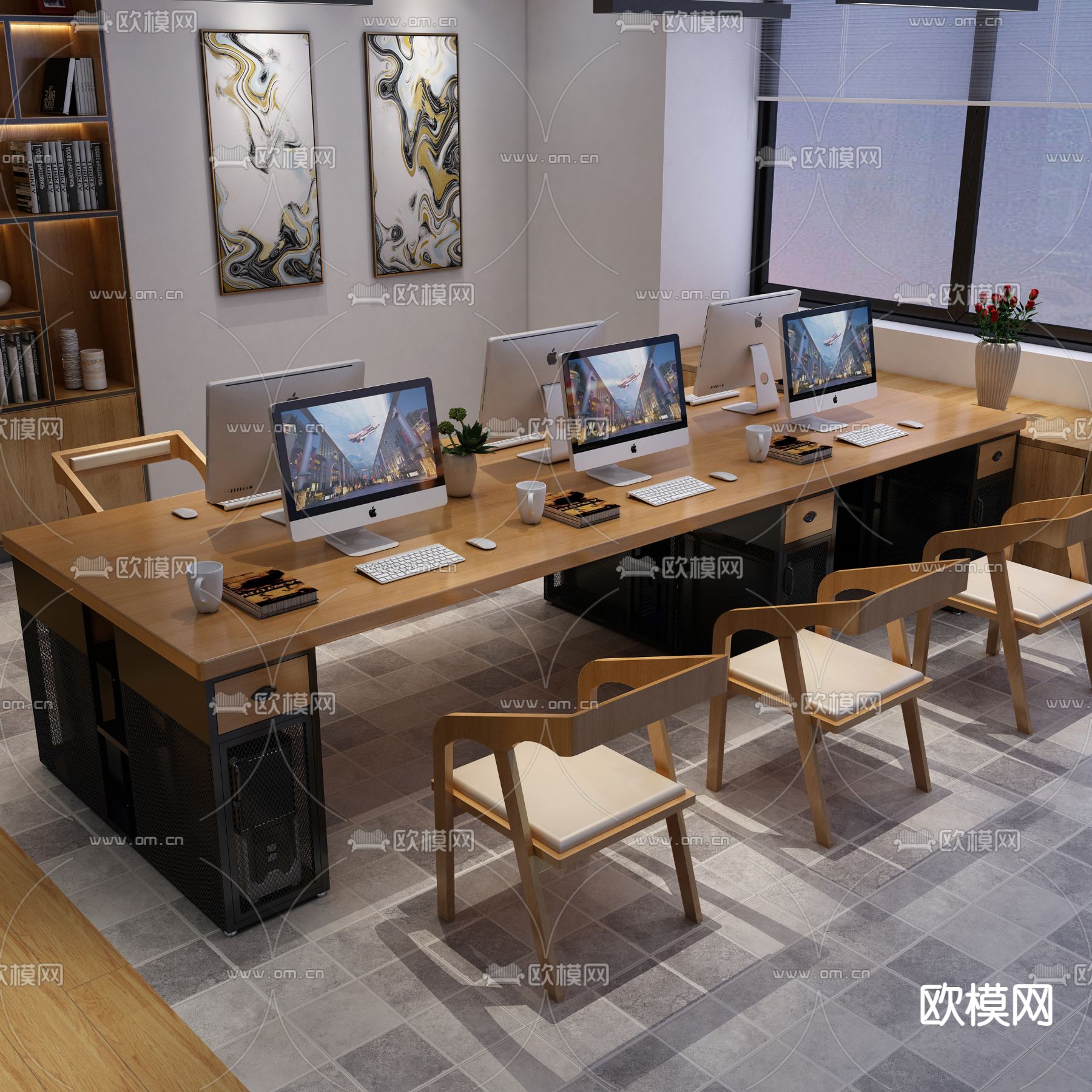 工业风敞开式办公室su模型下载（渲染图1）