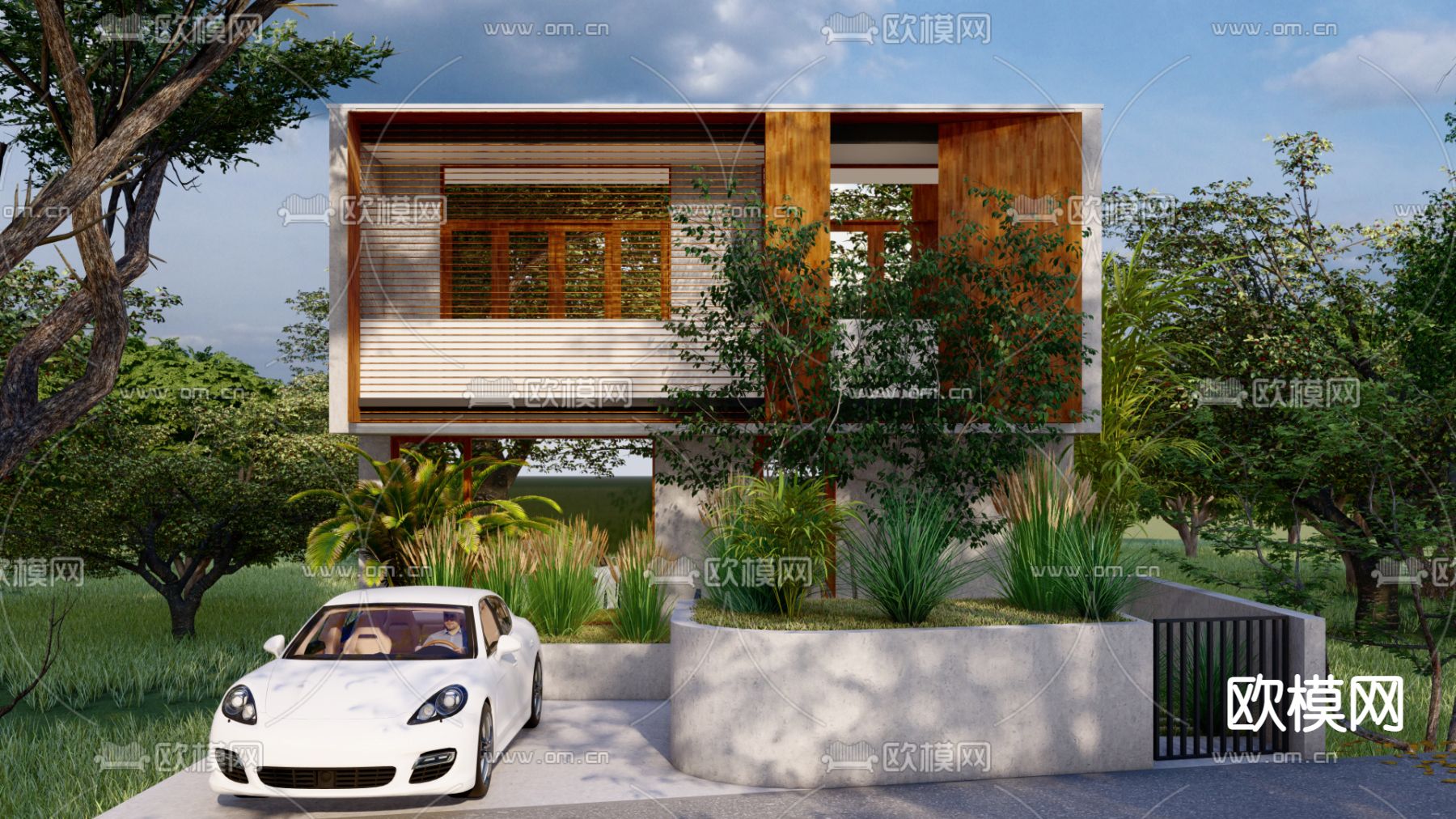 现代独栋别墅外观su模型下载（渲染图1）