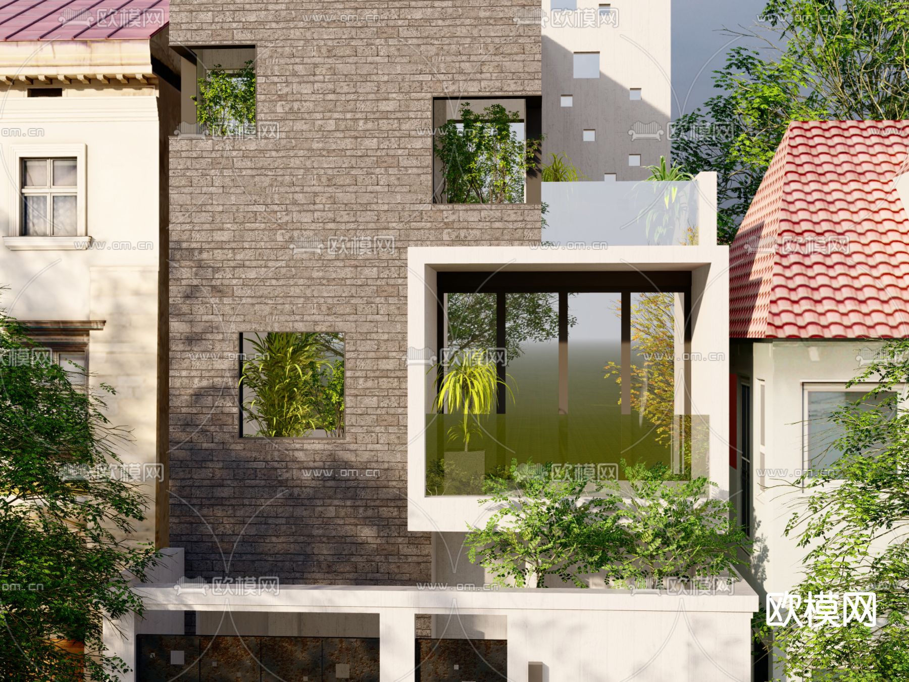 现代独栋别墅外观su模型下载（渲染图3）