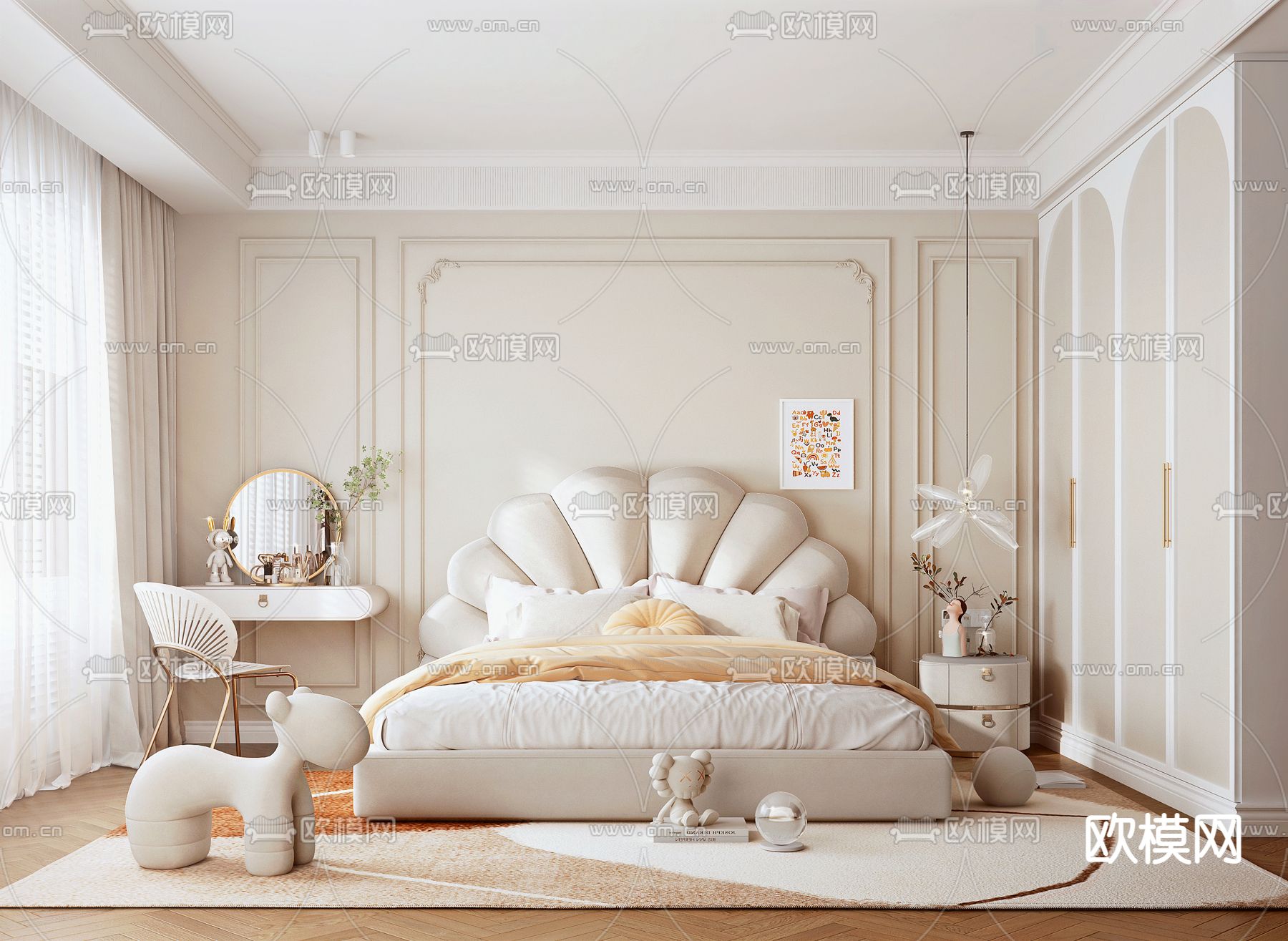 简欧卧室su模型下载（渲染图1）