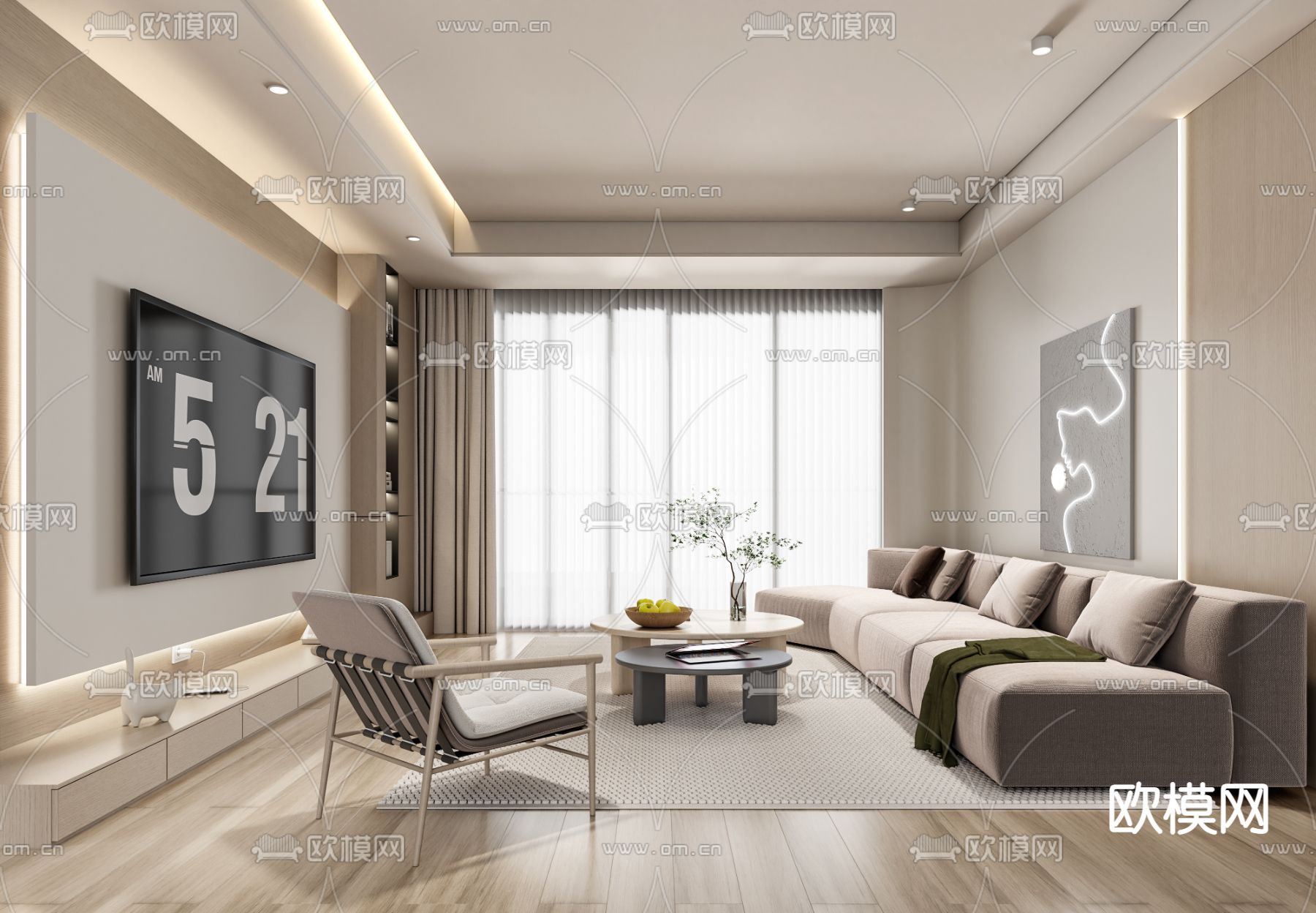 奶油风客厅3d模型下载_ID12159228_3dmax免费模型-欧模网