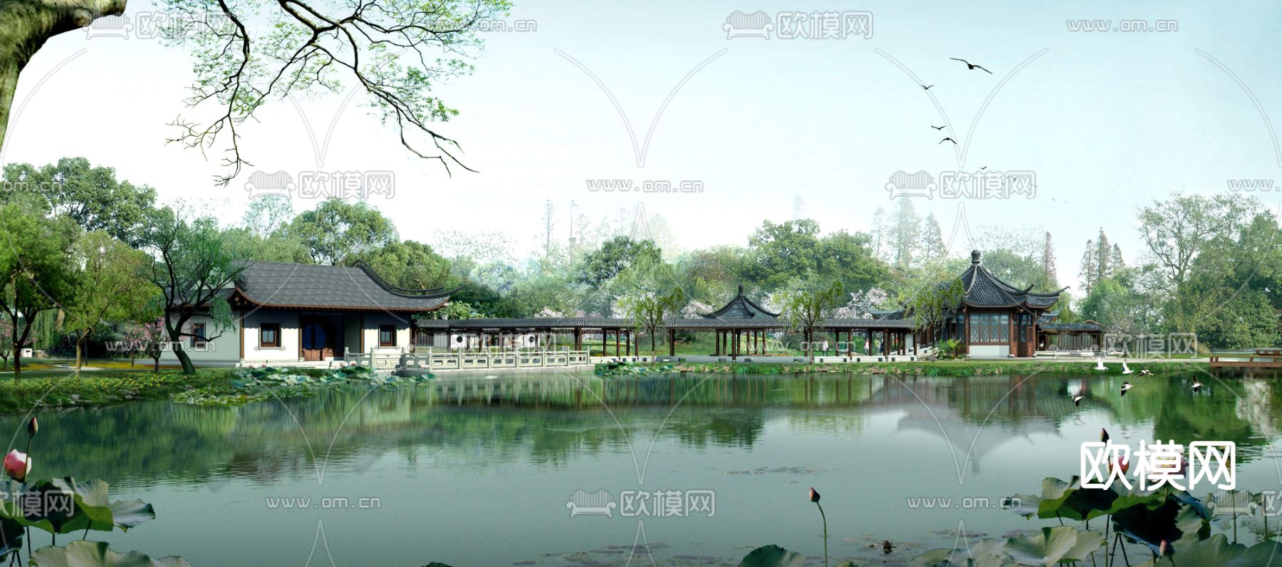 中式河道凉亭外观psd下载