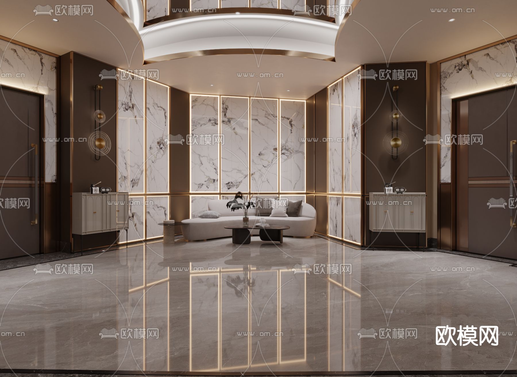 轻奢酒店大堂 走廊过道3d模型下载（渲染图2）