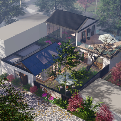 新中式独栋别墅民宿外观su模型