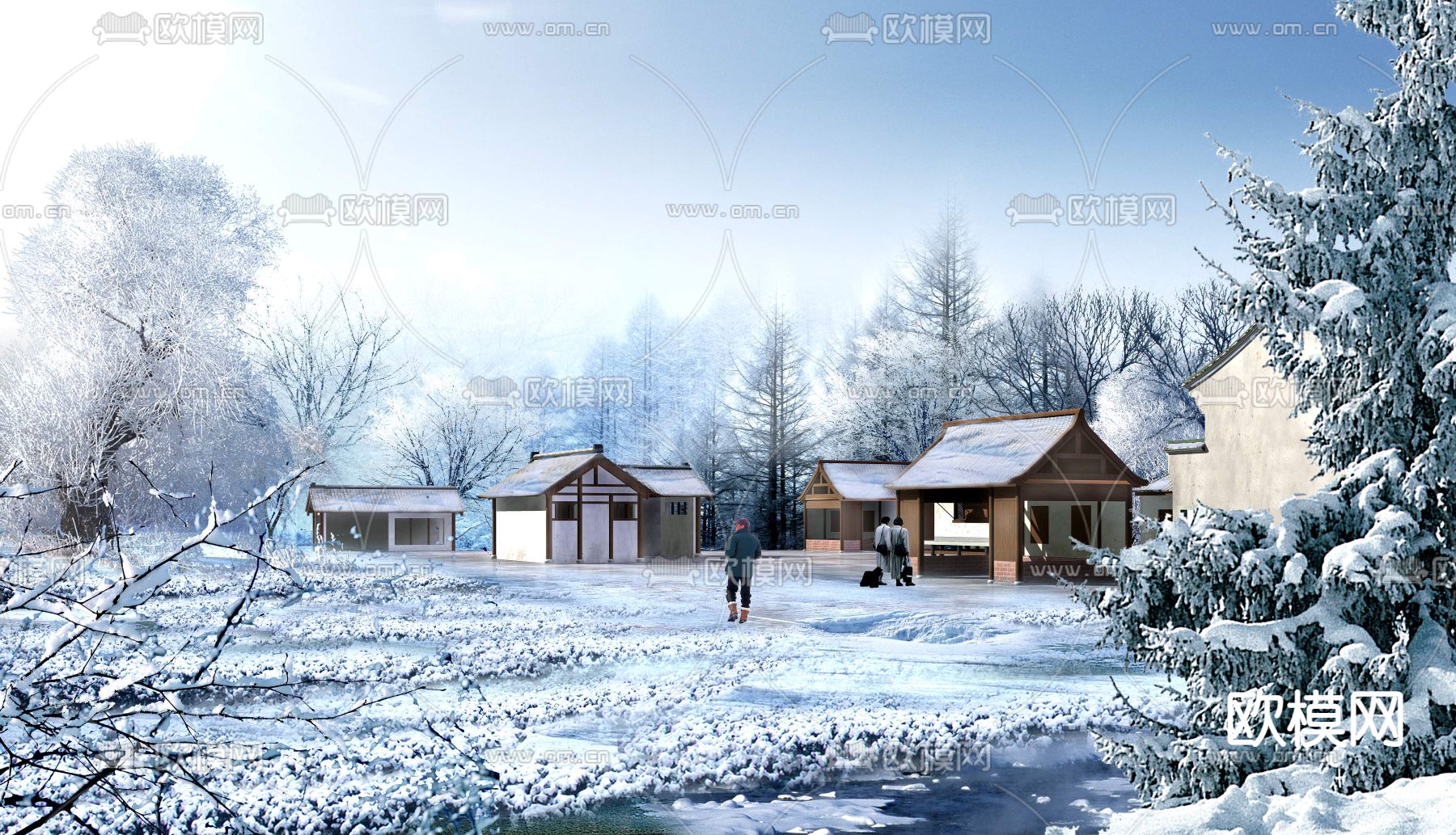 现代雪景公园园林景观psd下载