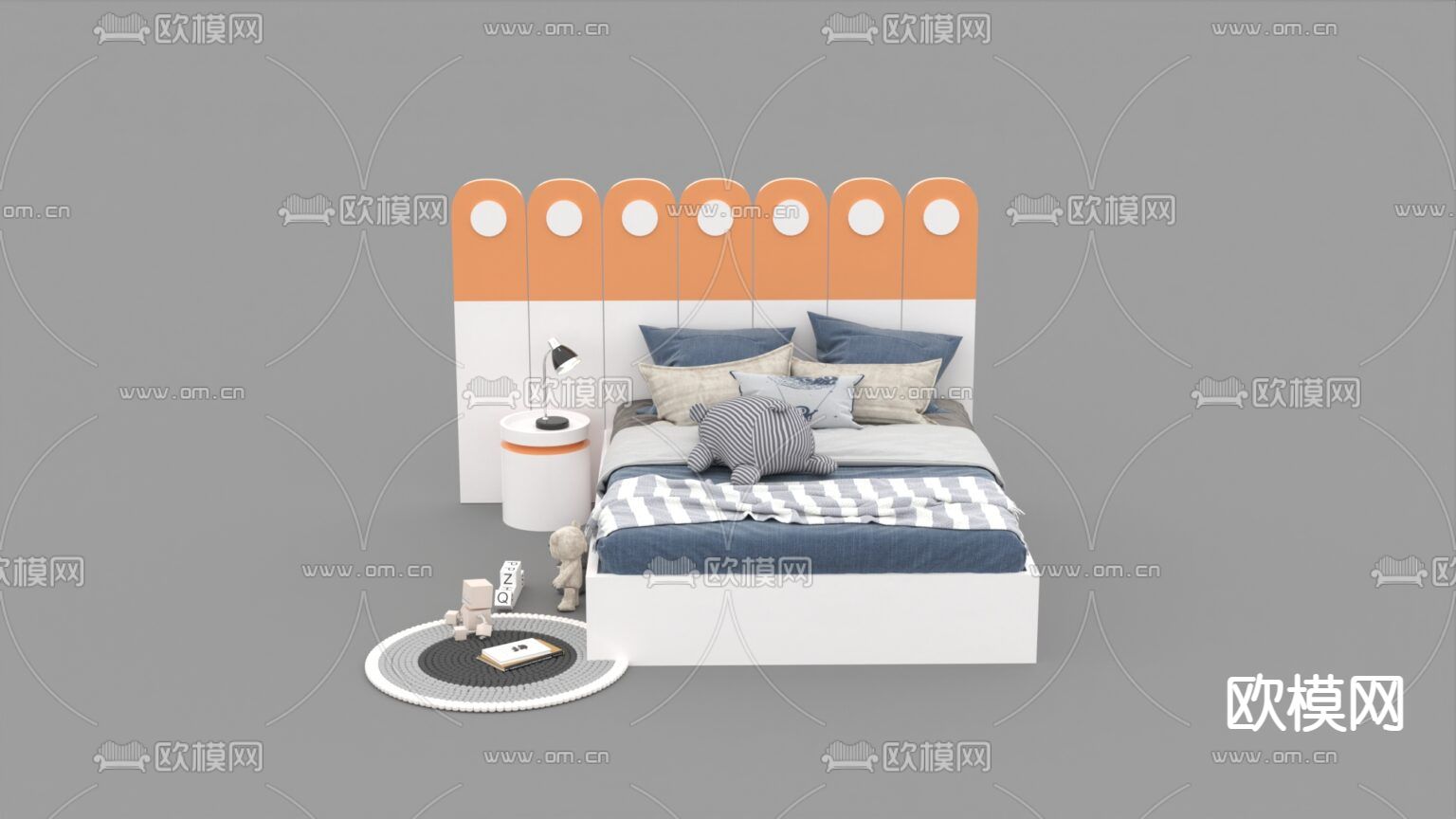 北欧简约实木布艺双人床免费3d模型下载