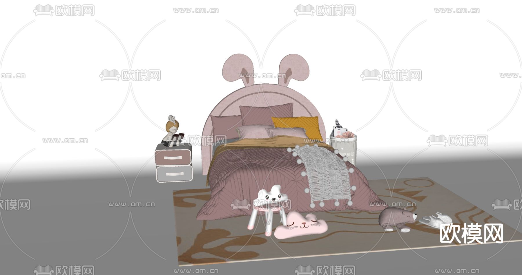 现代卡通兔子儿童床 女孩床su模型下载（渲染图2）