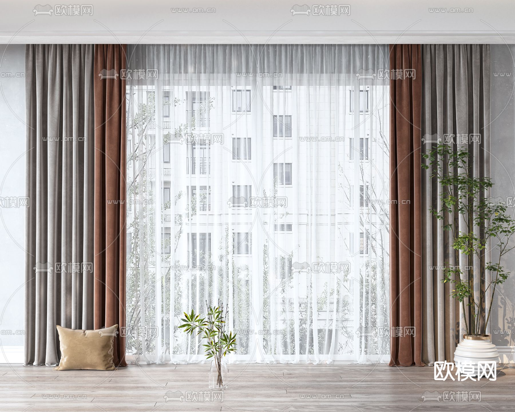 现代窗帘 窗纱3d模型下载（渲染图1）