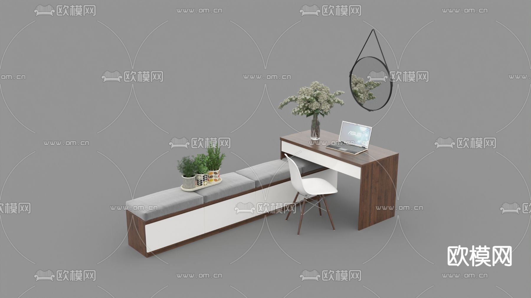 北欧简约实木布艺书桌免费3d模型下载