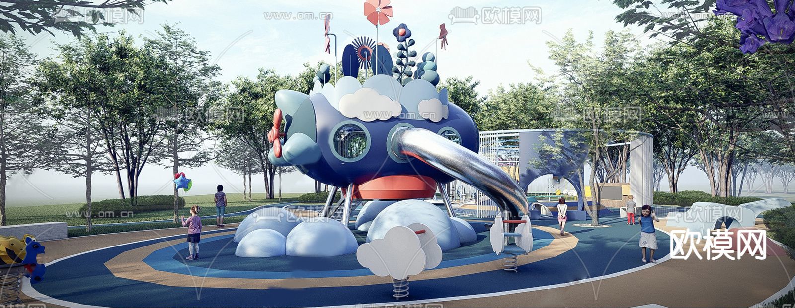 现代儿童秋千滑梯su模型下载（渲染图5）