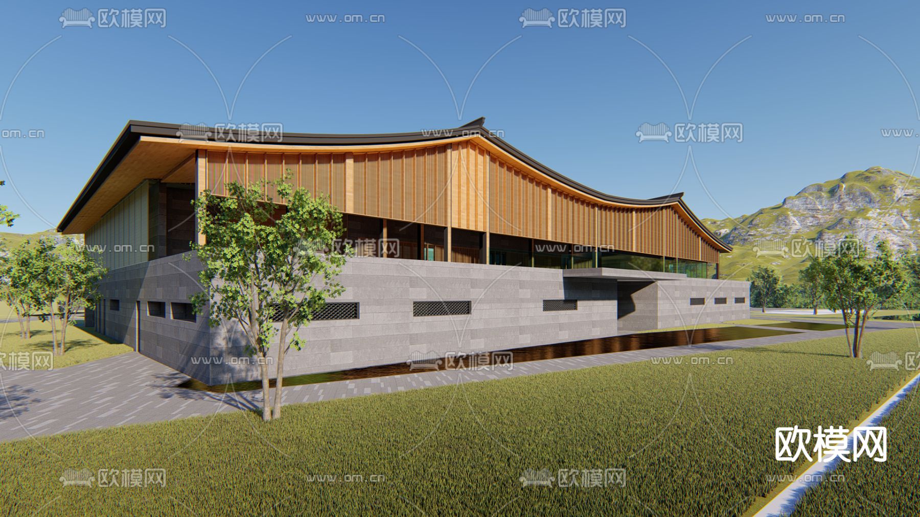 新中式展览馆外观su模型下载（渲染图3）