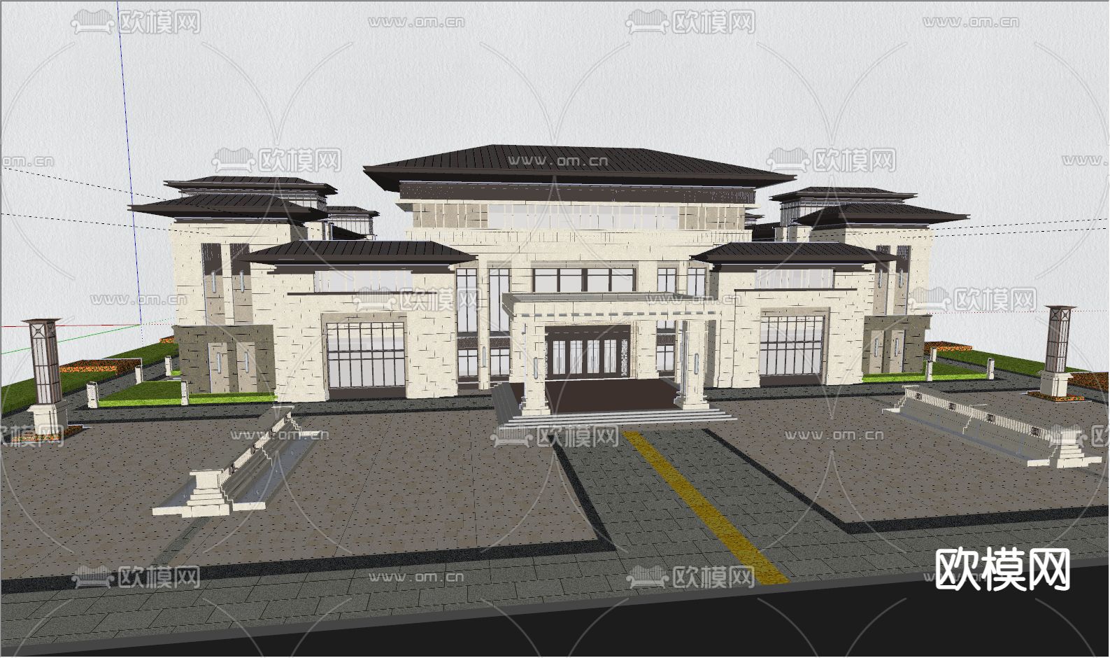 新中式展览馆外观su模型下载（渲染图5）