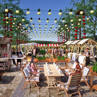  新中式乡村商业街su模型 