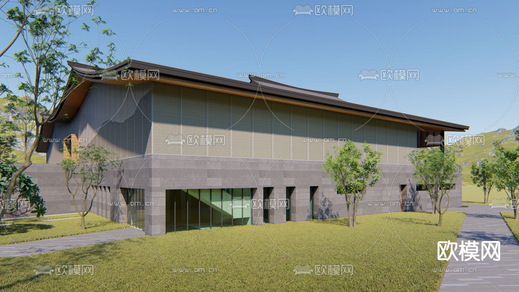 新中式展览馆外观su模型下载（渲染图2）