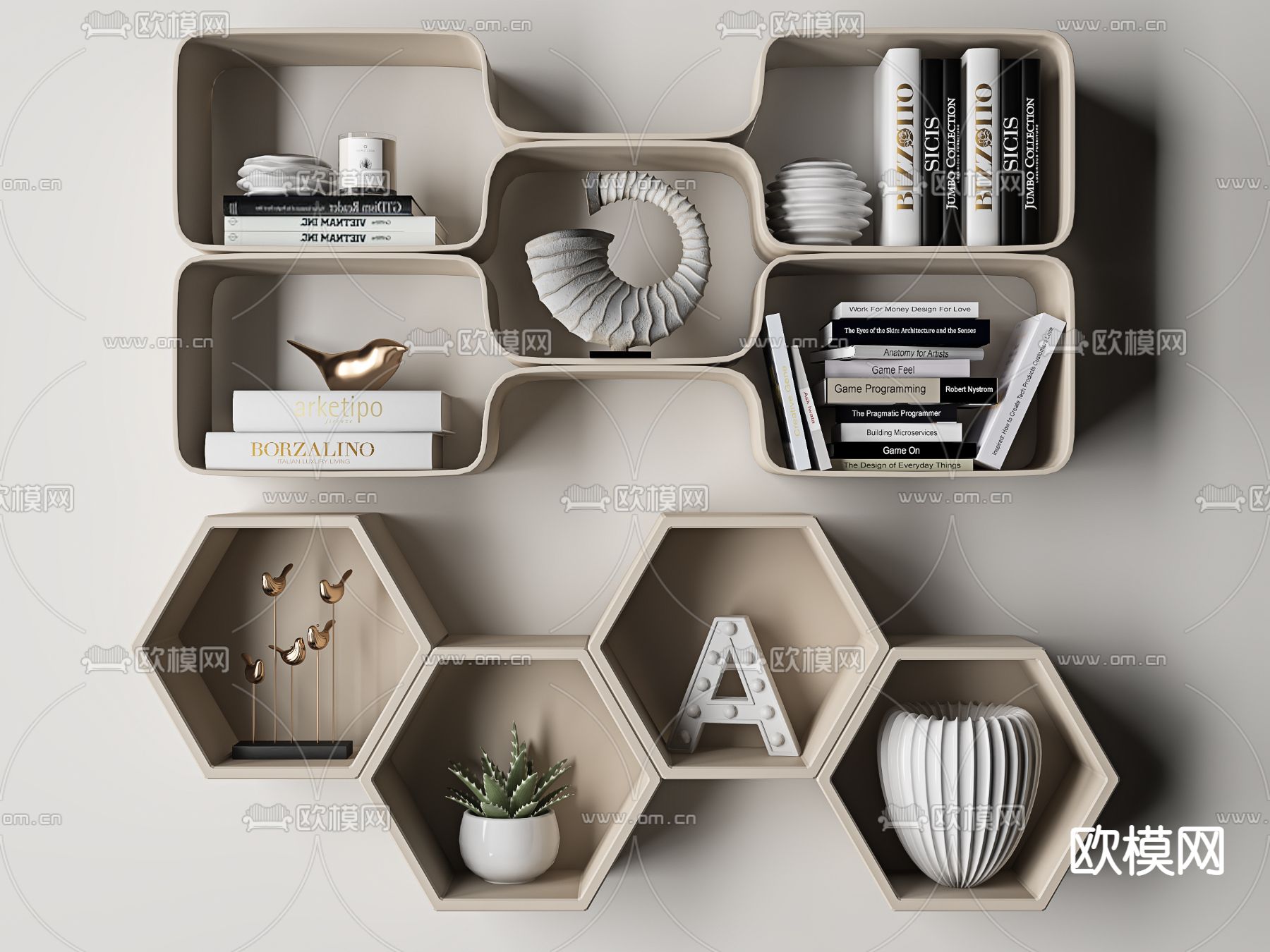 现代实木菱形置物架 壁柜3D模型下载