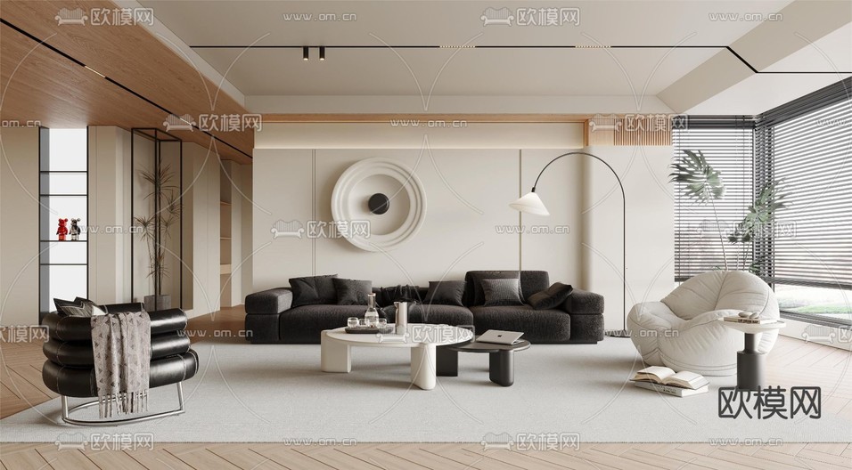 奶油风客厅3d模型下载_ID12166602_3dmax免费模型-欧模网