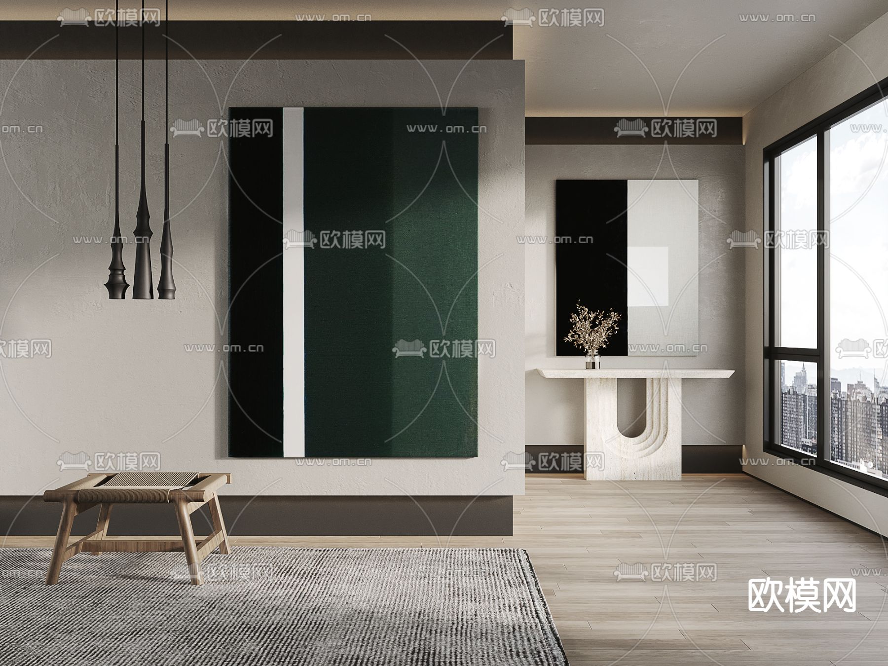 侘寂风绿色挂画 装饰画su模型下载（渲染图1）