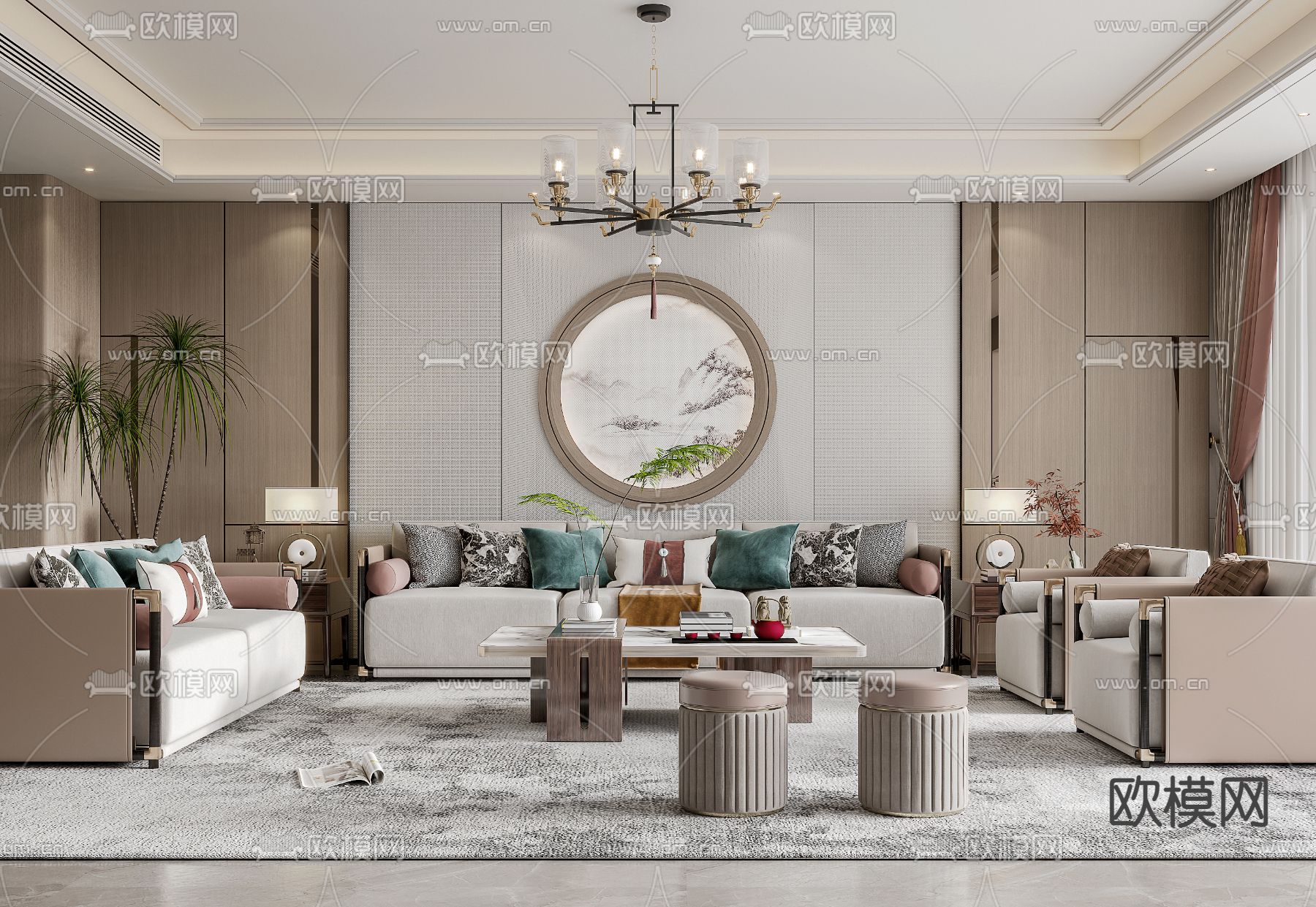 新中式组合沙发su模型下载（渲染图1）