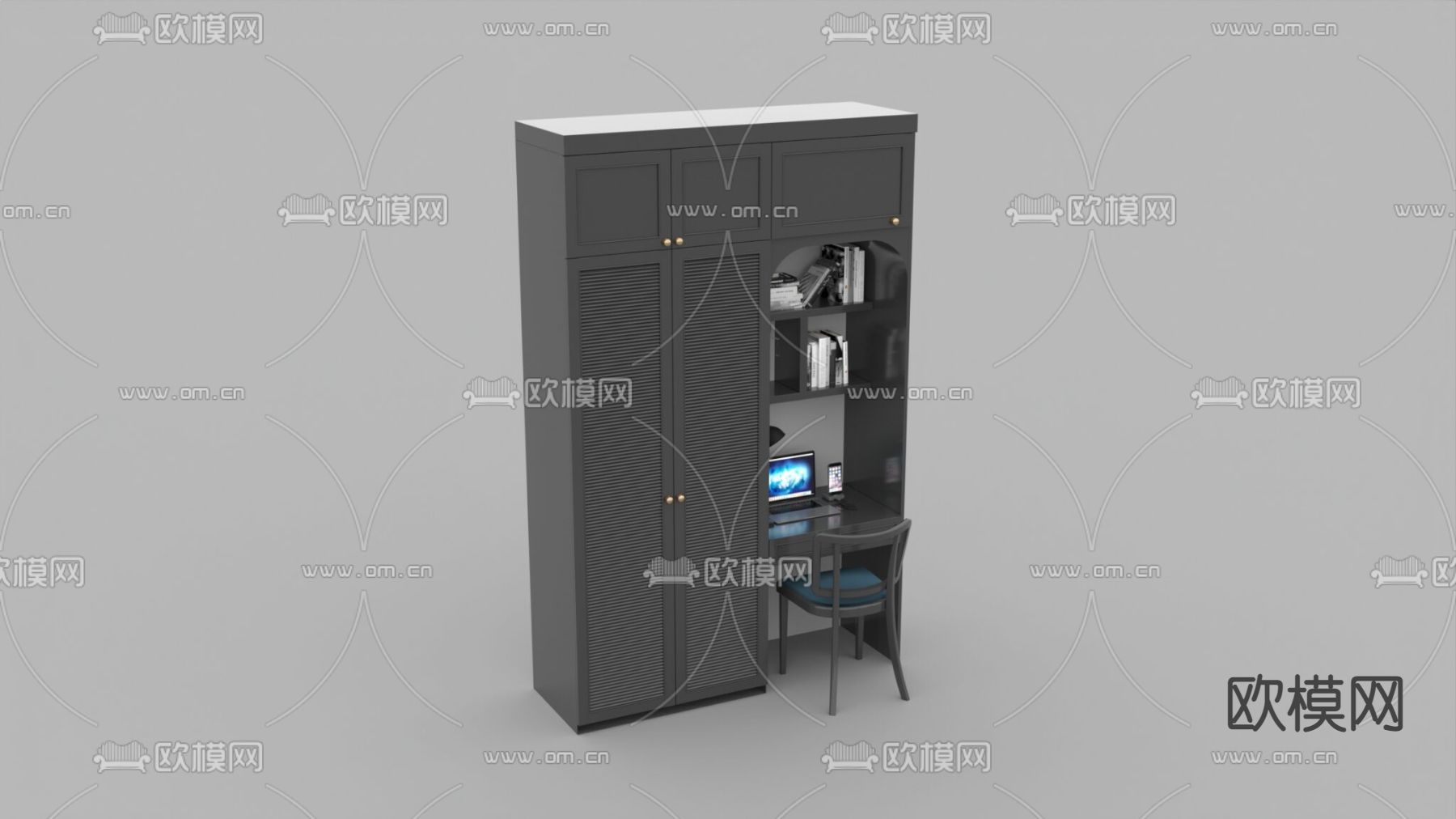 新中式简约实木衣柜书桌免费3d模型下载