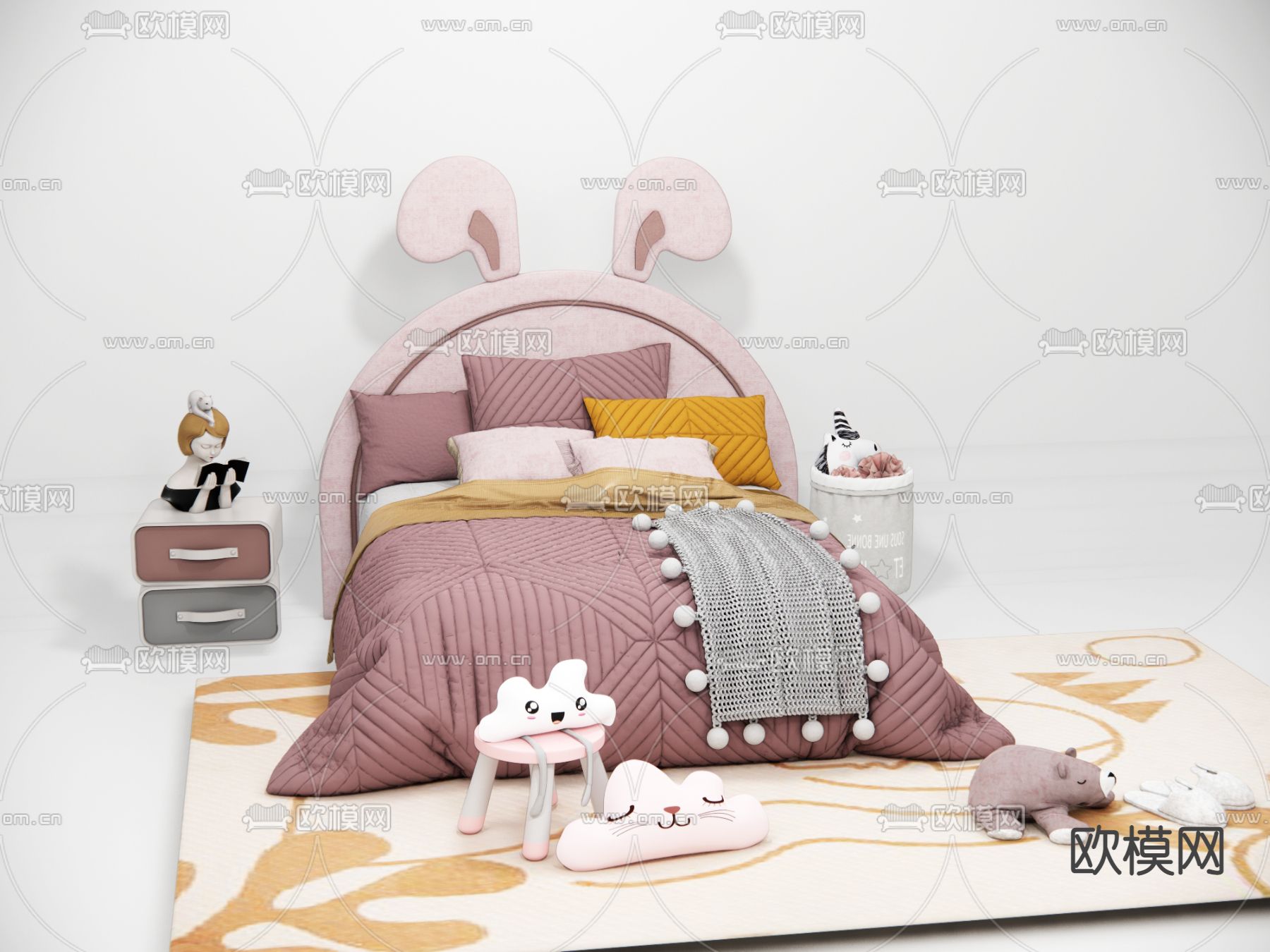 现代卡通兔子儿童床 女孩床su模型下载（渲染图1）