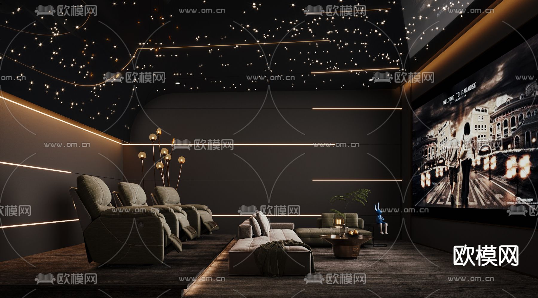 家庭影院 视听室 影音室3d模型下载（渲染图1）