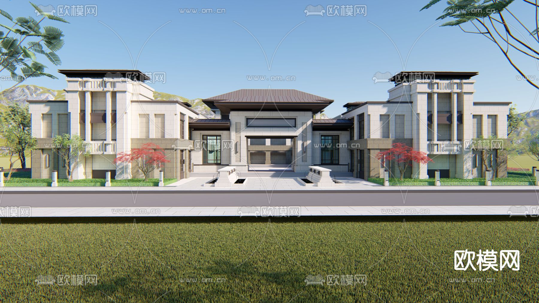 新中式展览馆外观su模型下载（渲染图1）
