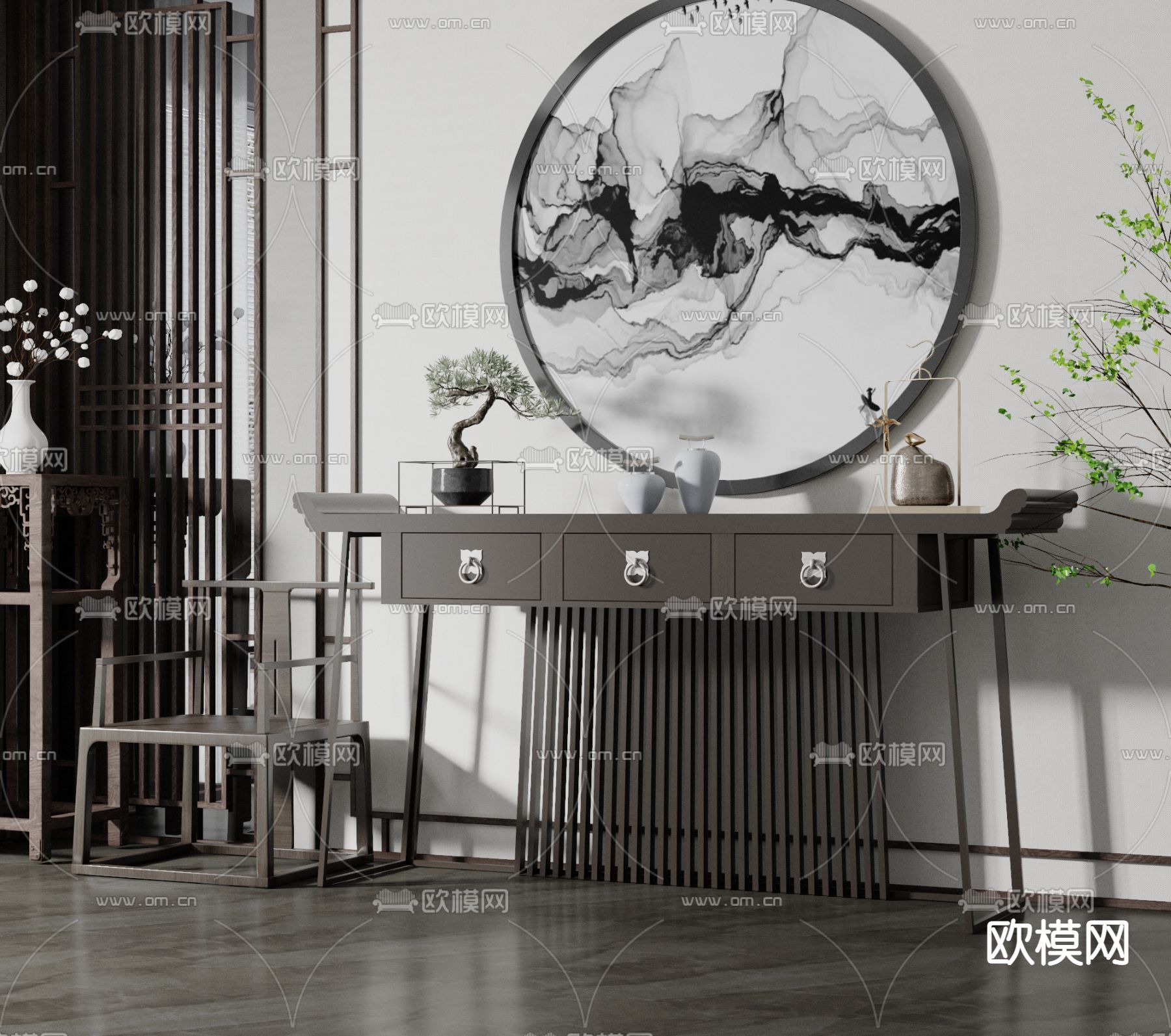 新中式端景台 条案3d模型下载