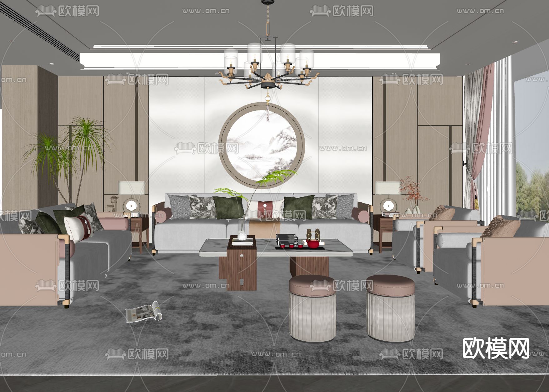 新中式组合沙发su模型下载（渲染图2）