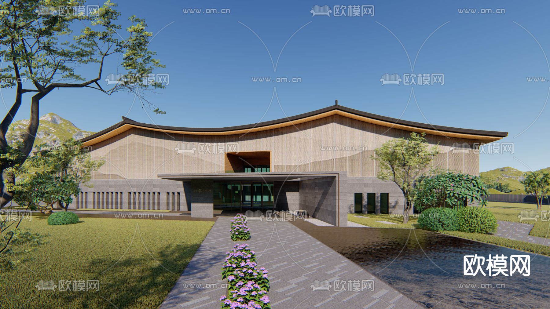 新中式展览馆外观su模型下载（渲染图1）